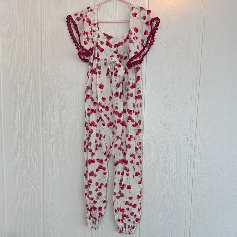 BRAND NEW Jessica Simpson Red Flower Print Jumpsuit with Ruffle Sleeves